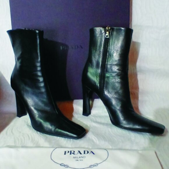 Prada high heel Ankle Boots Calzature Donna 36.5 (US6) Black Leather Antic City - Picture 1 of 6